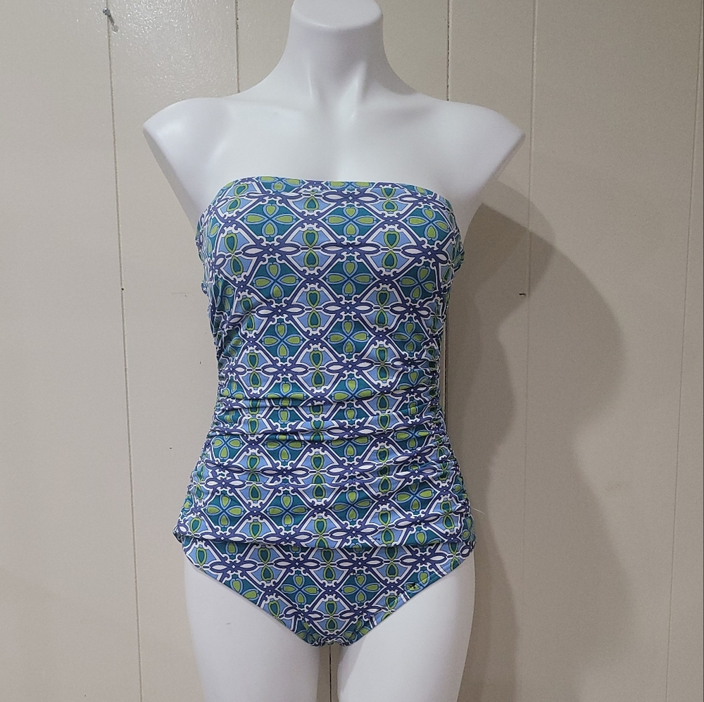 Tommy Bahama One Piece Strapless Swimsuit Sz 12 side ruching